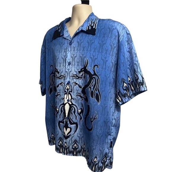Dragonfly Mens Blue Vintage Dragons Flames All Over Print Button Front Shirt XL - Picture 3 of 7